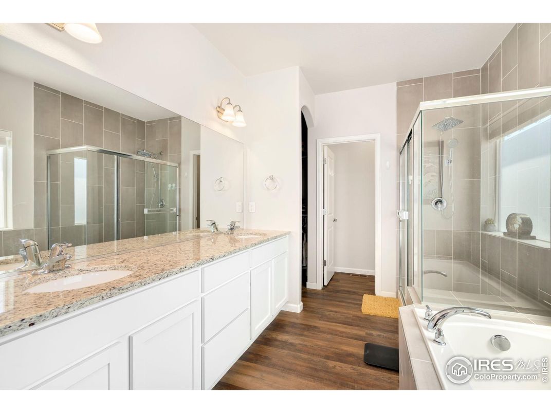 Bathroom, Dual Sink Vanities, Glass Shower, Interior, Wood Texture Flooring