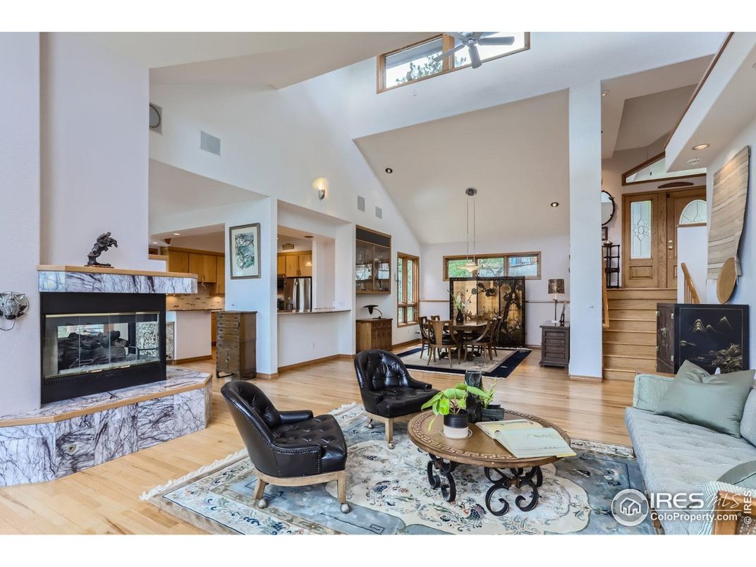 Dining room, Fireplace, Interior, Living room, Pendant Lights, Recessed Lighting, Wood Texture Flooring