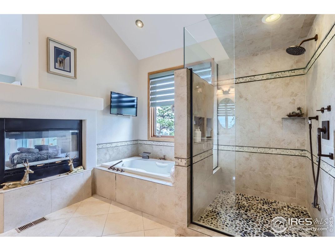 Bathroom, Fireplace, Glass Shower, Interior, Recessed Lighting
