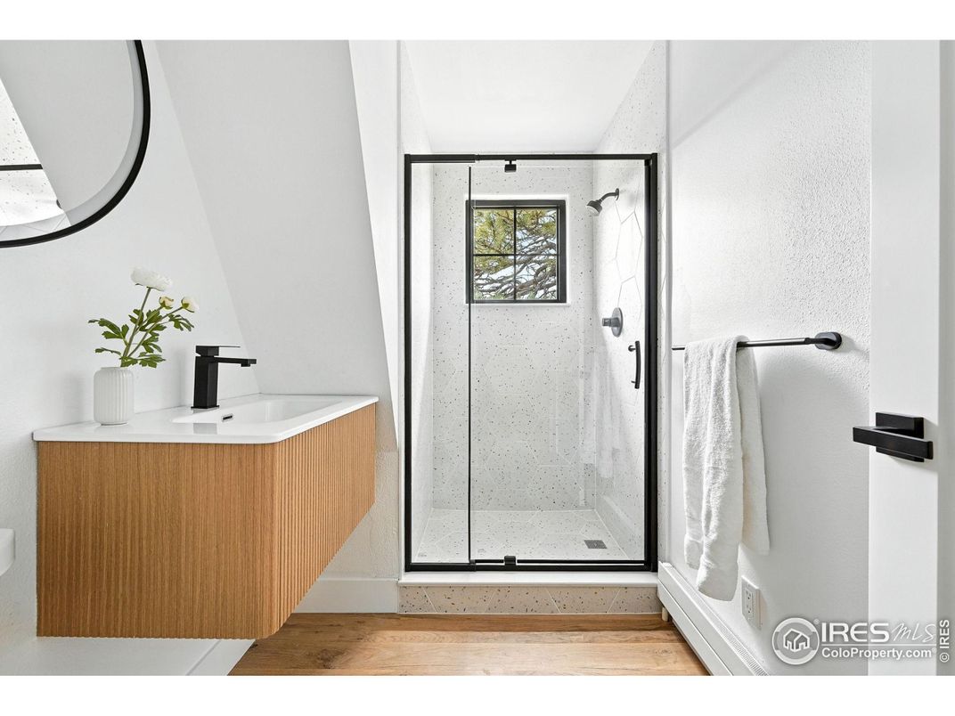 Bathroom, Glass Shower, Interior, Wood Texture Flooring