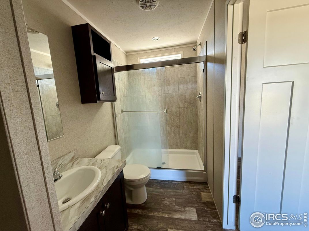 Bathroom, Glass Shower, Interior, Recessed Lighting, Wood Texture Flooring