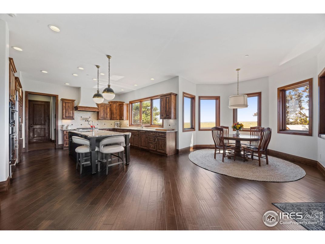 Dining room, Interior, Kitchen, Pendant Lights, Recessed Lighting, Wood Texture Flooring