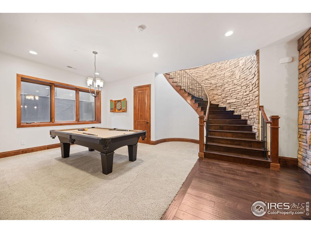Billiard Table, Chandelier, Game Room, Interior, Pendant Lights, Recessed Lighting, Wood Texture Flooring