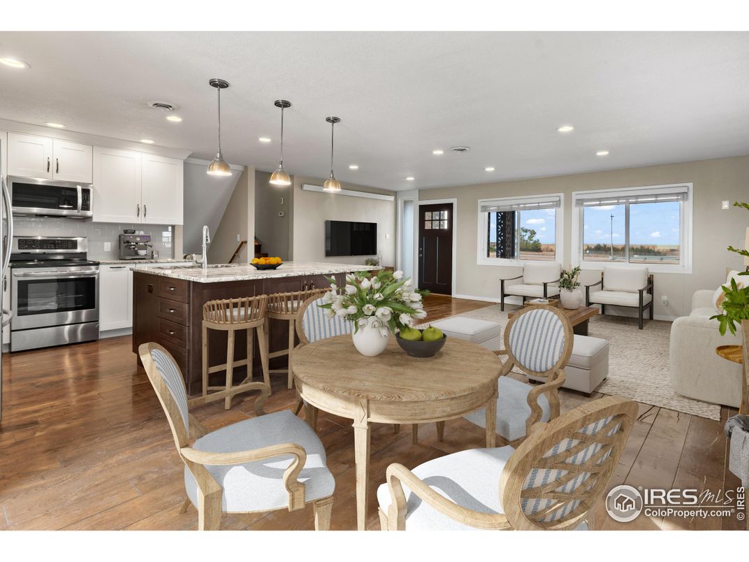 Interior, Kitchen, Living room, Pendant Lights, Recessed Lighting, Stainless Steel Appliances, Wood Texture Flooring