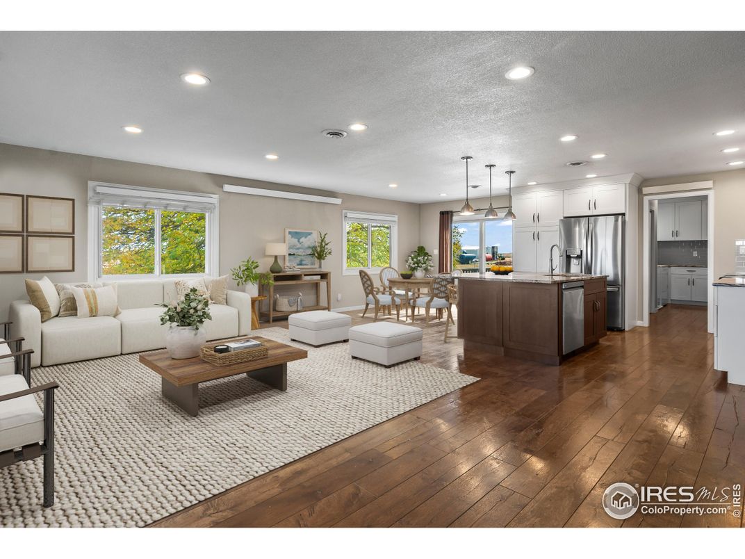 Dining room, Fireplace, Interior, Kitchen, Living room, Pendant Lights, Recessed Lighting, Stainless Steel Appliances, Wood Texture Flooring