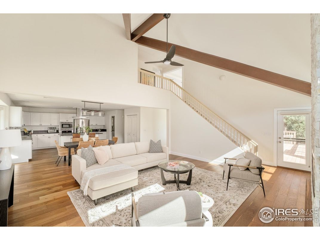 Dining room, Interior, Kitchen, Living room, Pendant Lights, Stainless Steel Appliances, Wooden Beams, Wood Texture Flooring