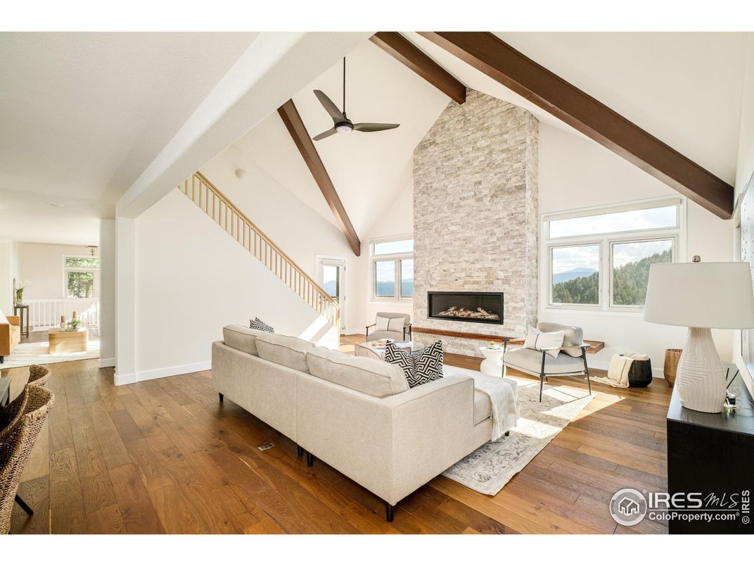 Fireplace, Interior, Living room, Stone Walls, Wooden Beams, Wood Texture Flooring