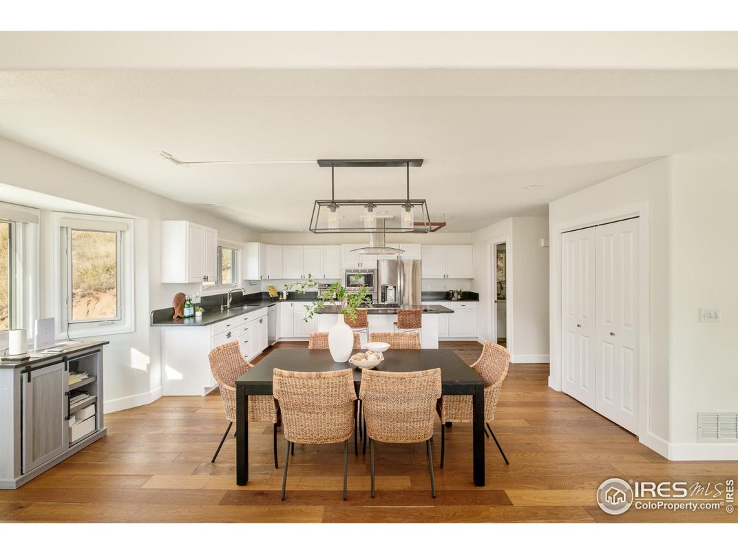 Dining room, Interior, Kitchen, Pendant Lights, Stainless Steel Appliances, Wood Texture Flooring