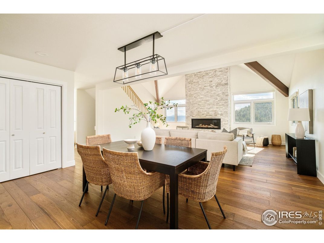 Dining room, Fireplace, Interior, Living room, Stone Walls, Wooden Beams, Wood Texture Flooring