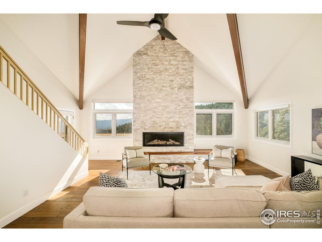 Fireplace, Interior, Living room, Stone Walls, Wooden Beams, Wood Texture Flooring