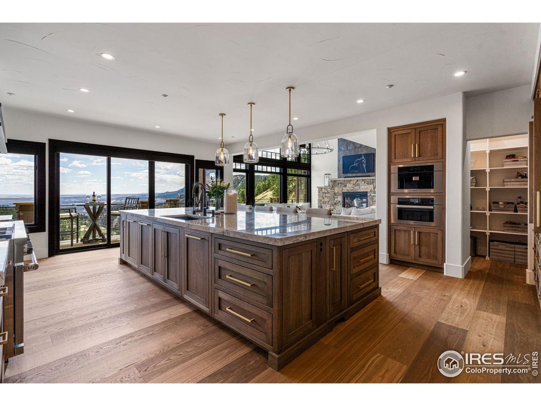 Fireplace, Interior, Kitchen, Pendant Lights, Recessed Lighting, Water, Wood Texture Flooring