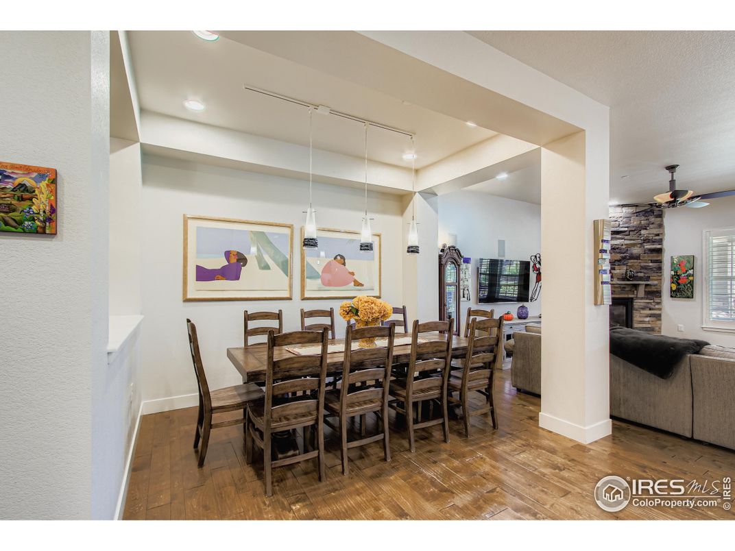 Dining room, Interior, Pendant Lights, Recessed Lighting, Wood Texture Flooring