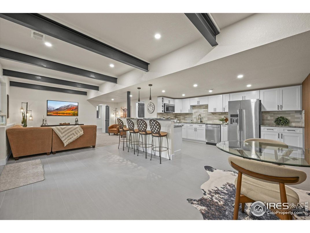Interior, Kitchen, Living room, Pendant Lights, Recessed Lighting, Stainless Steel Appliances, Wooden Beams