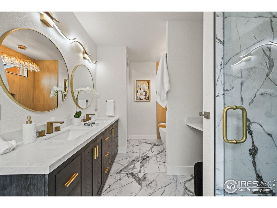 Bathroom, Dual Sink Vanities, Glass Shower, Interior, Marble, Marble Walls