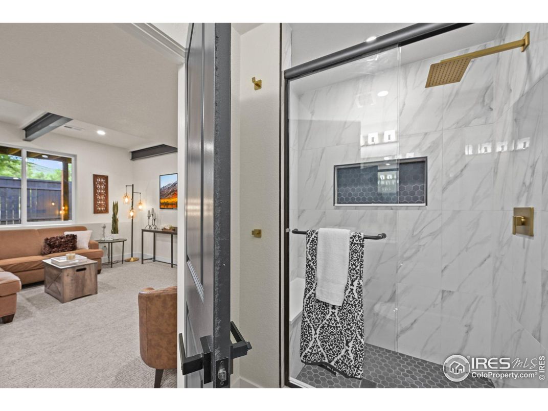Bathroom, Glass Shower, Interior, Marble Walls, Recessed Lighting