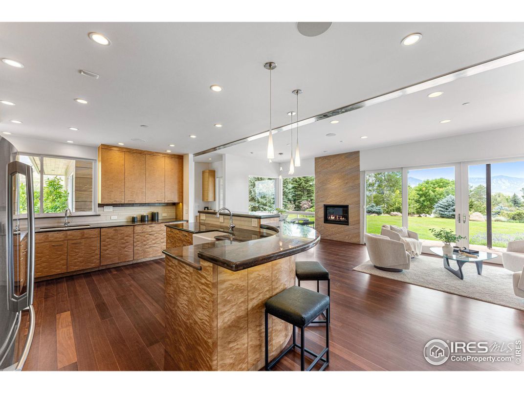 Fireplace, Interior, Kitchen, Living room, Pendant Lights, Recessed Lighting, Wood Texture Flooring