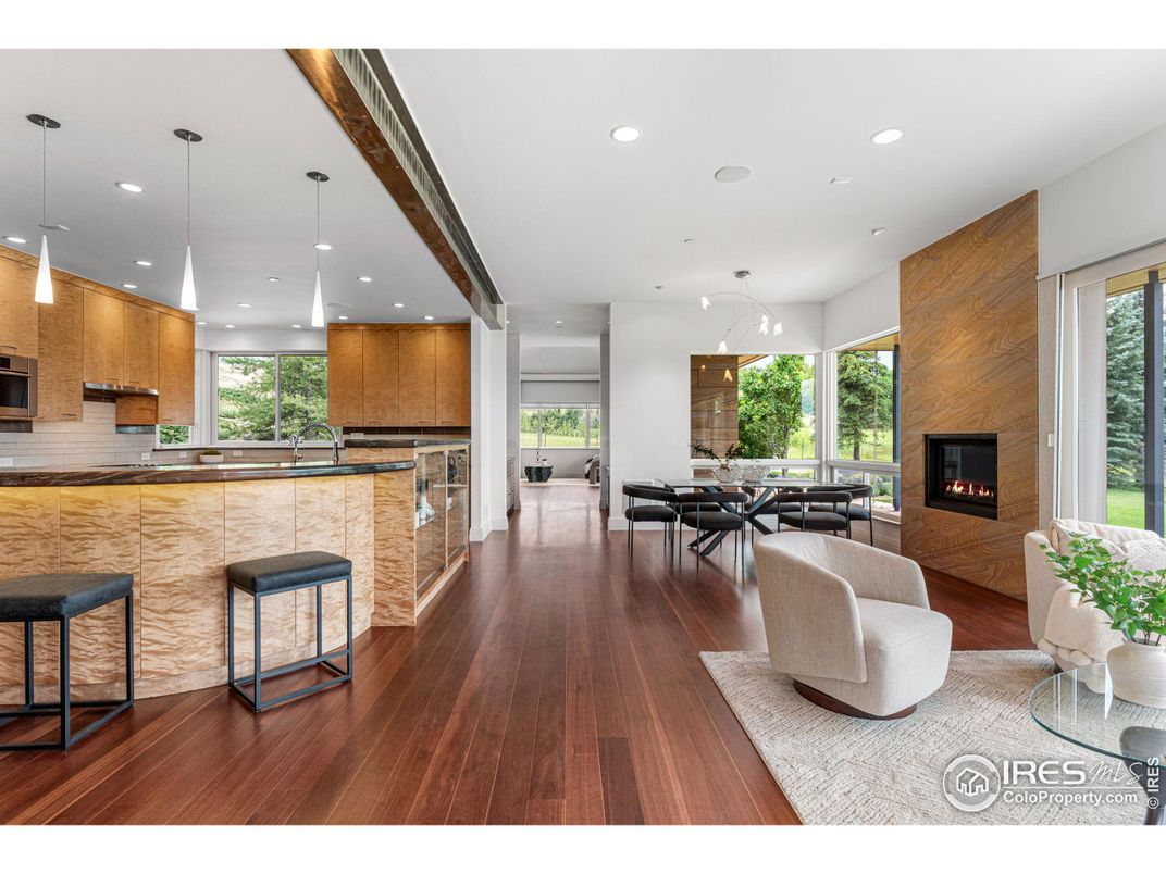 Dining room, Fireplace, Interior, Kitchen, Living room, Pendant Lights, Recessed Lighting, Wood Texture Flooring