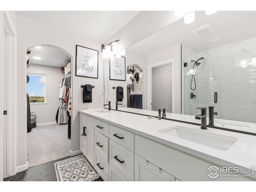 Bathroom, Dual Sink Vanities, Glass Shower, Interior, Marble Walls, Recessed Lighting