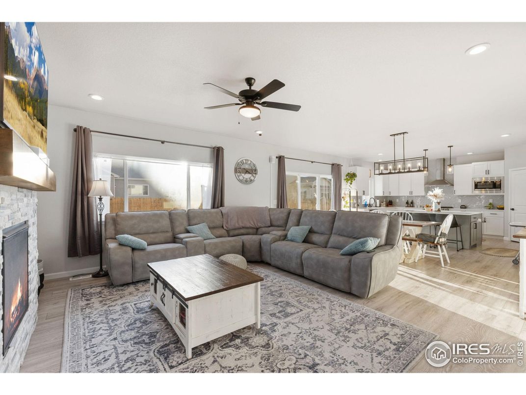 Fireplace, Interior, Kitchen, Living room, Pendant Lights, Recessed Lighting, Wood Texture Flooring