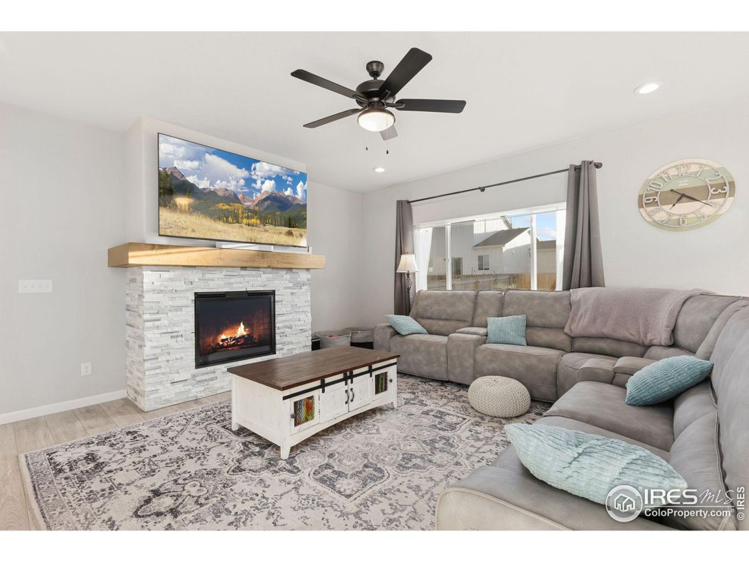 Fireplace, Interior, Living room, Recessed Lighting, Wood Texture Flooring