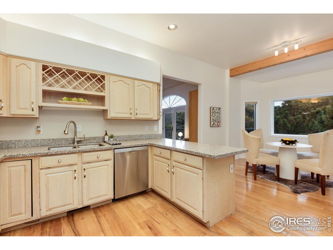 Dining room, Interior, Kitchen, Recessed Lighting, Stainless Steel Appliances, Wooden Beams, Wood Texture Flooring