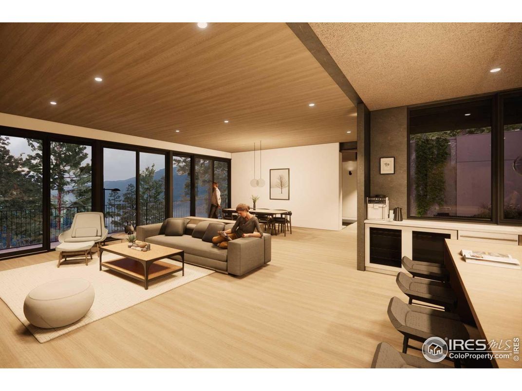 Dining room, Interior, Living room, Pendant Lights, Recessed Lighting, Wooden Ceilings, Wood Texture Flooring
