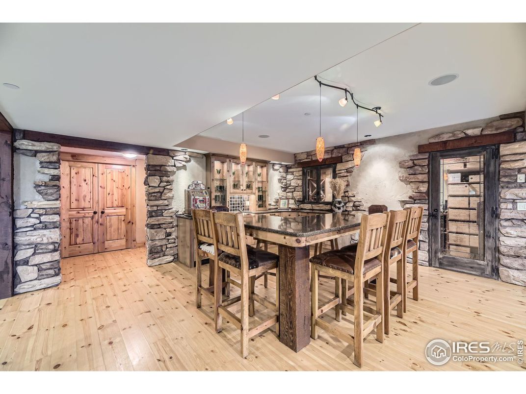 Dining room, Interior, Recessed Lighting, Stone Walls, Wood Texture Flooring