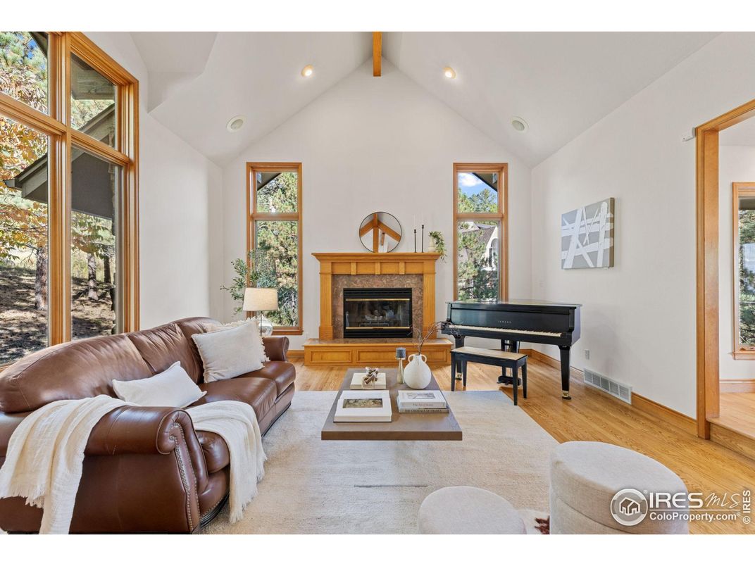 Fireplace, Interior, Living room, Piano, Recessed Lighting, Wooden Beams, Wood Texture Flooring