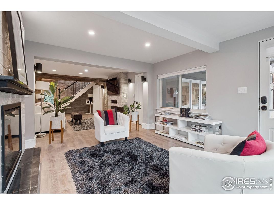 Fireplace, Interior, Living room, Recessed Lighting, Wood Texture Flooring