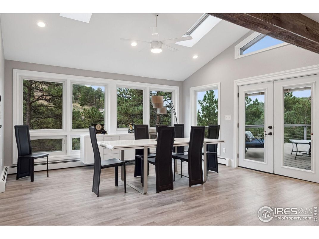 Dining room, Interior, Recessed Lighting, Wooden Beams, Wood Texture Flooring
