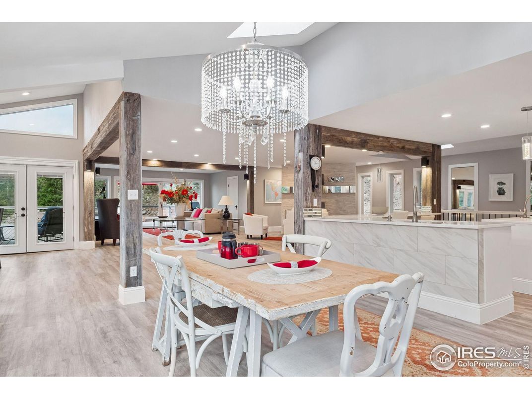 Chandelier, Dining room, Interior, Recessed Lighting, Wooden Beams, Wood Texture Flooring