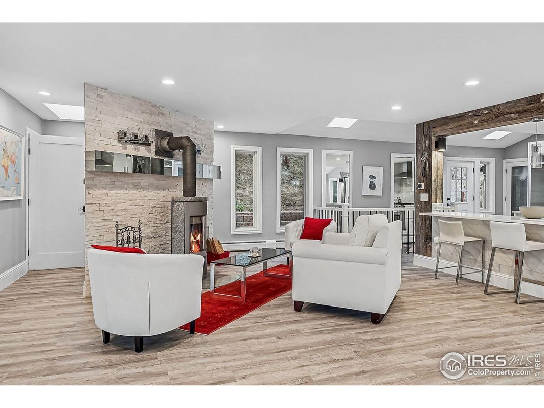 Fireplace, Interior, Kitchen, Living room, Pendant Lights, Recessed Lighting, Stone Walls, Wood Texture Flooring