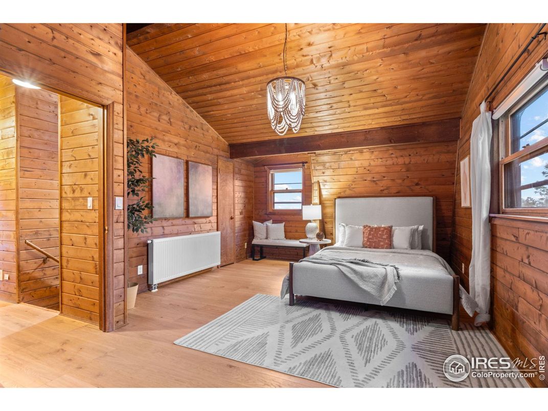 Bedroom, Interior, Pendant Lights, Wooden Ceilings, Wood Texture Flooring, Wooden Walls