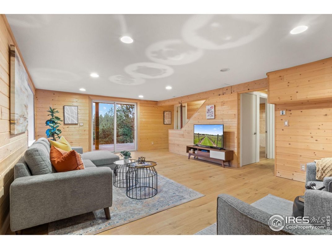Interior, Living room, Recessed Lighting, Wood Texture Flooring, Wooden Walls