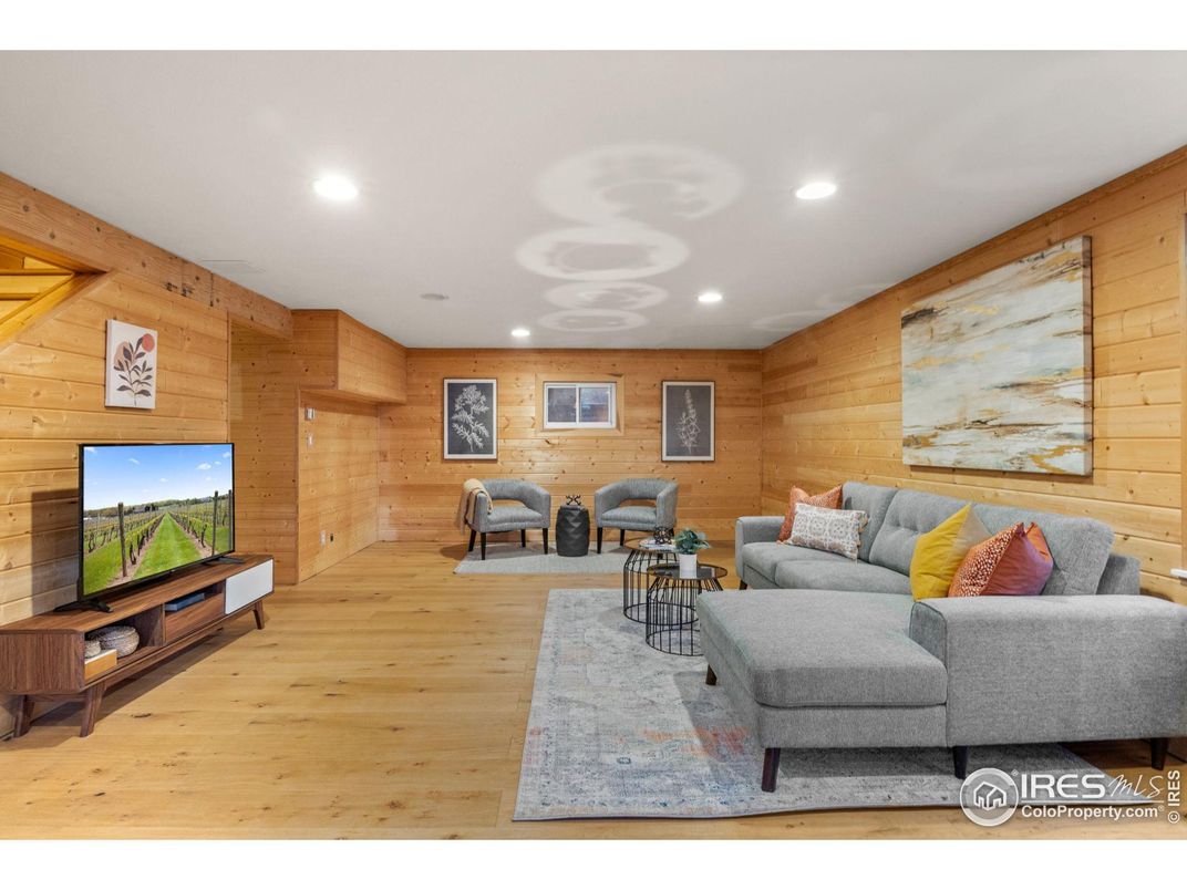Interior, Living room, Recessed Lighting, Wood Texture Flooring, Wooden Walls
