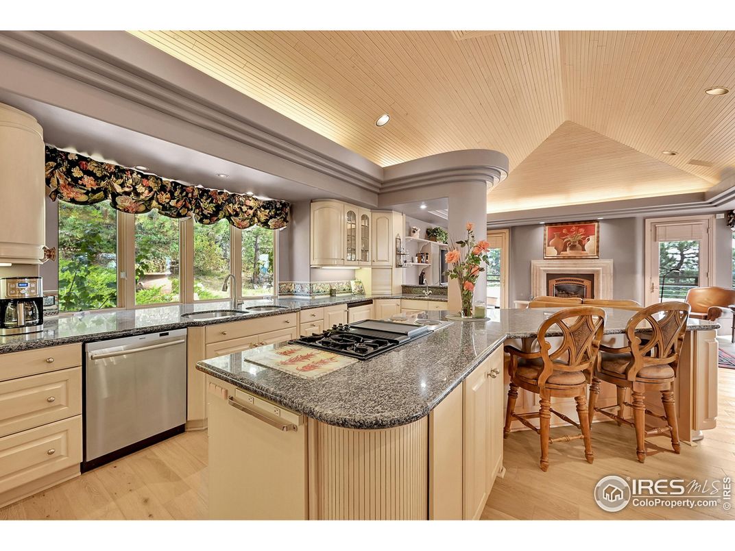 Fireplace, Interior, Kitchen, Recessed Lighting, Wooden Ceilings, Wood Texture Flooring