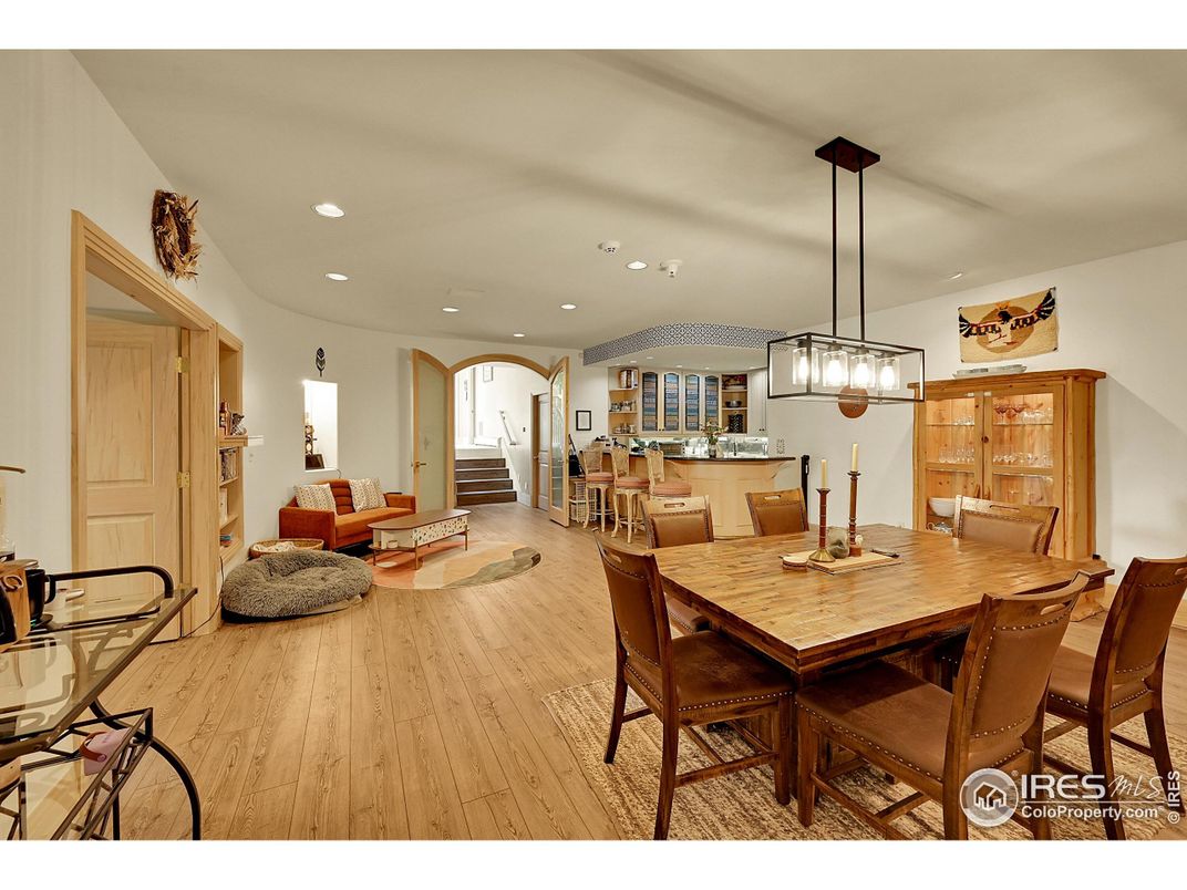 Dining room, Interior, Pendant Lights, Recessed Lighting, Wood Texture Flooring