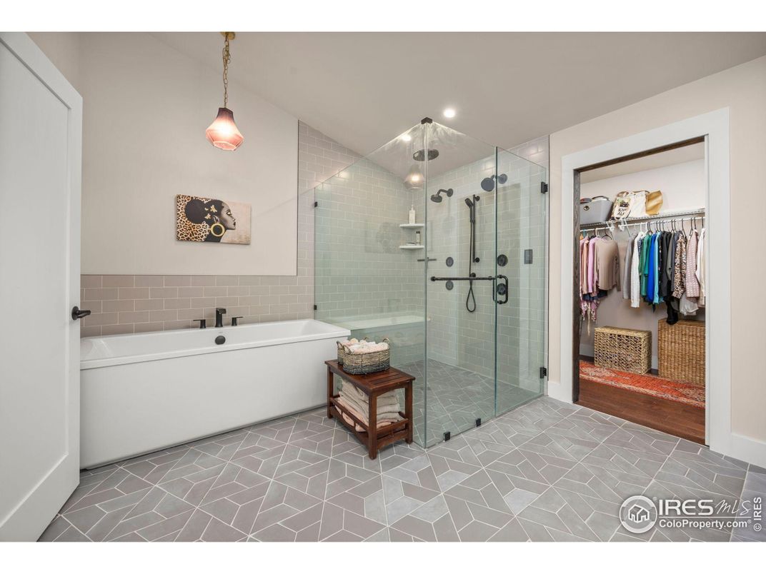 Bathroom, Glass Shower, Interior, Pendant Lights, Recessed Lighting, Walk-in Closets, Wood Texture Flooring