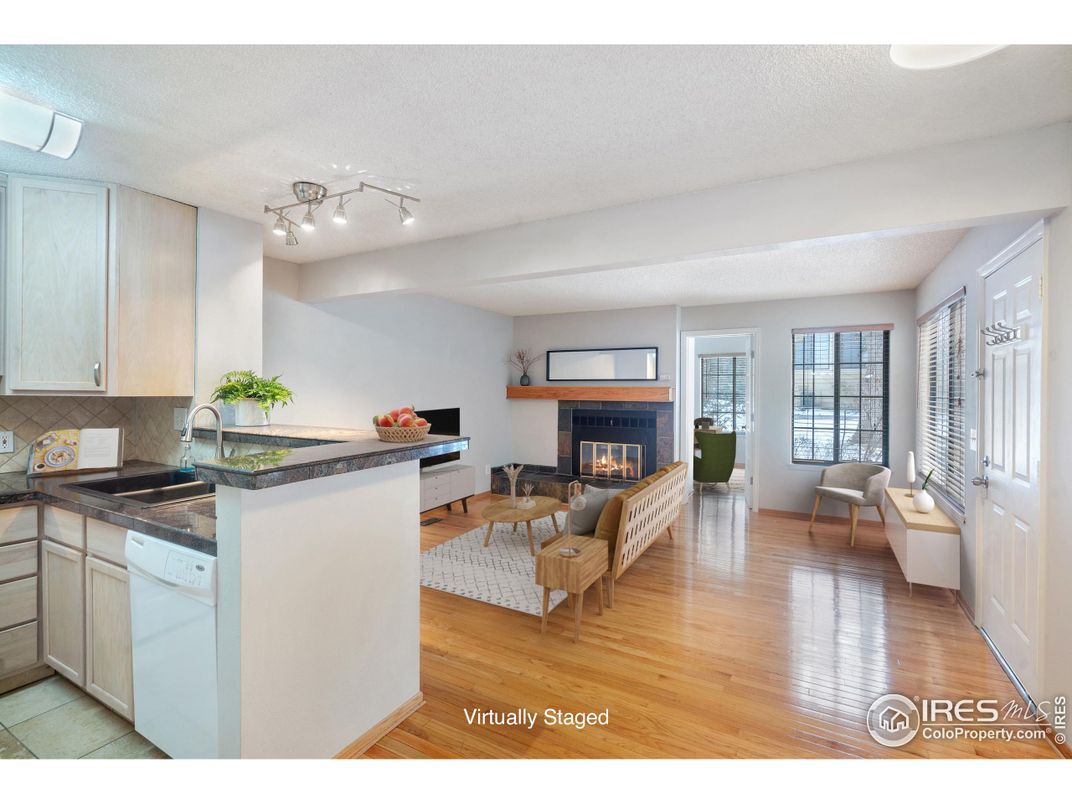 Fireplace, Interior, Kitchen, Living room, Wood Texture Flooring