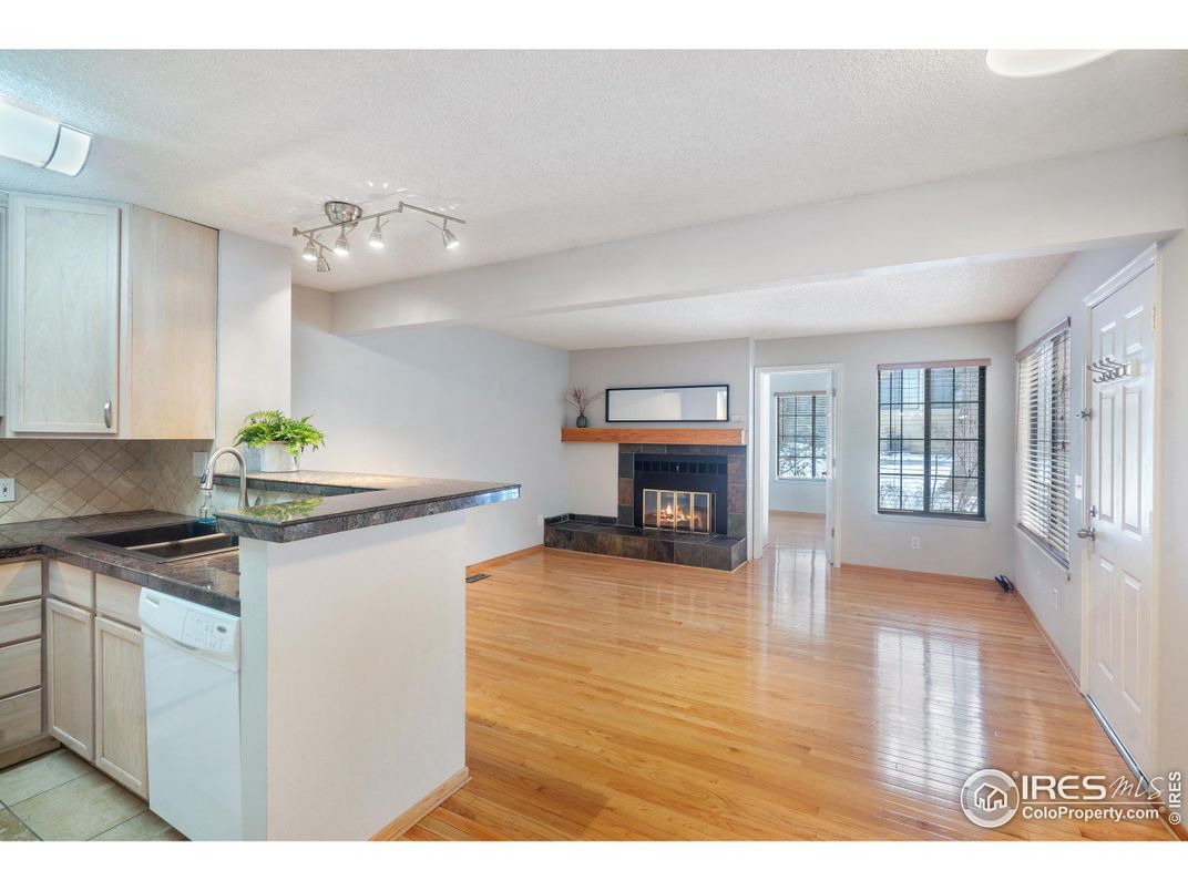 Empty room, Fireplace, Interior, Kitchen, Wood Texture Flooring