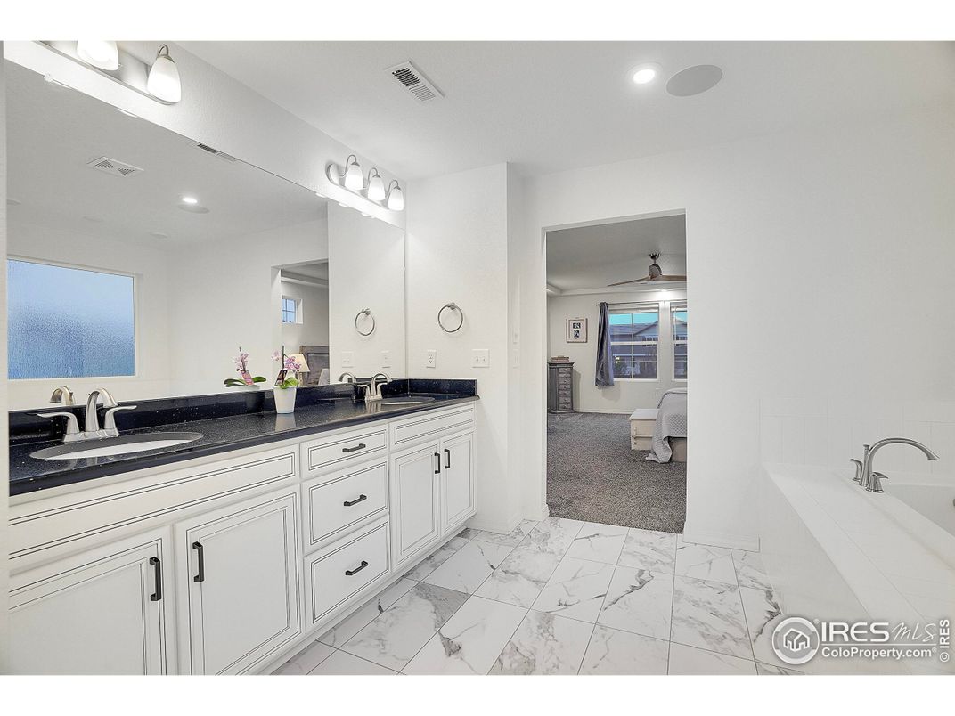 Bathroom, Dual Sink Vanities, Interior, Marble, Recessed Lighting