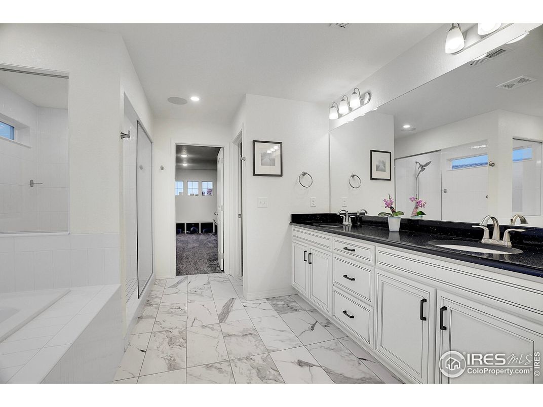 Bathroom, Dual Sink Vanities, Interior, Marble, Recessed Lighting