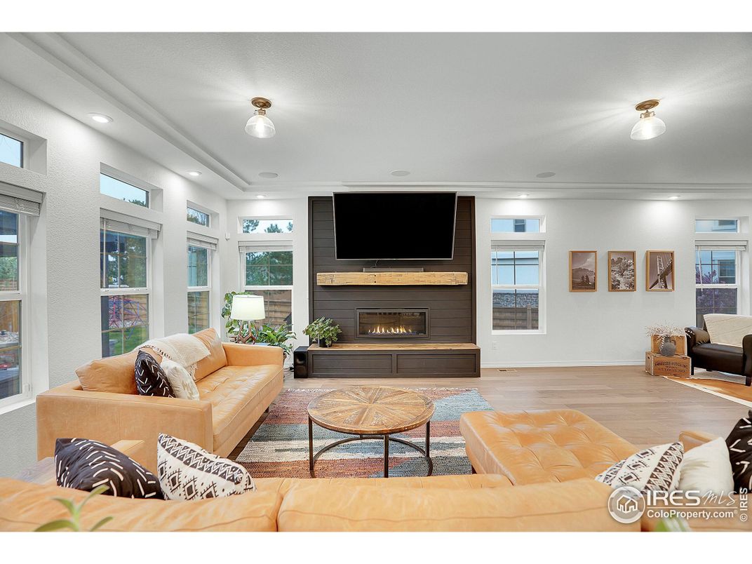 Fireplace, Interior, Living room, Recessed Lighting, Wood Texture Flooring