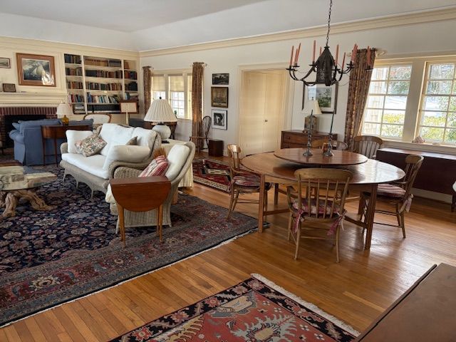 Chandelier, Dining room, Fireplace, Interior, Living room, Wood Texture Flooring