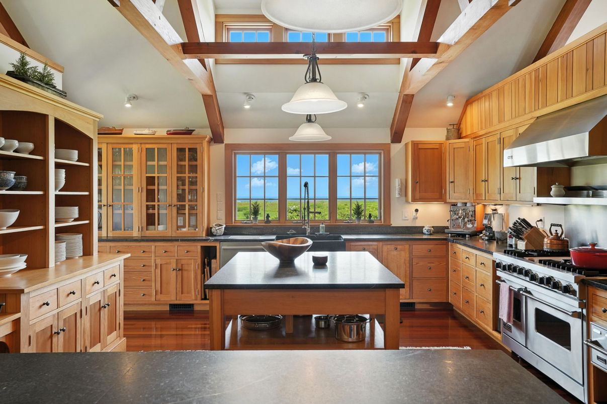 Interior, Kitchen, Pendant Lights, Recessed Lighting, Stainless Steel Appliances, Wooden Beams, Wood Texture Flooring