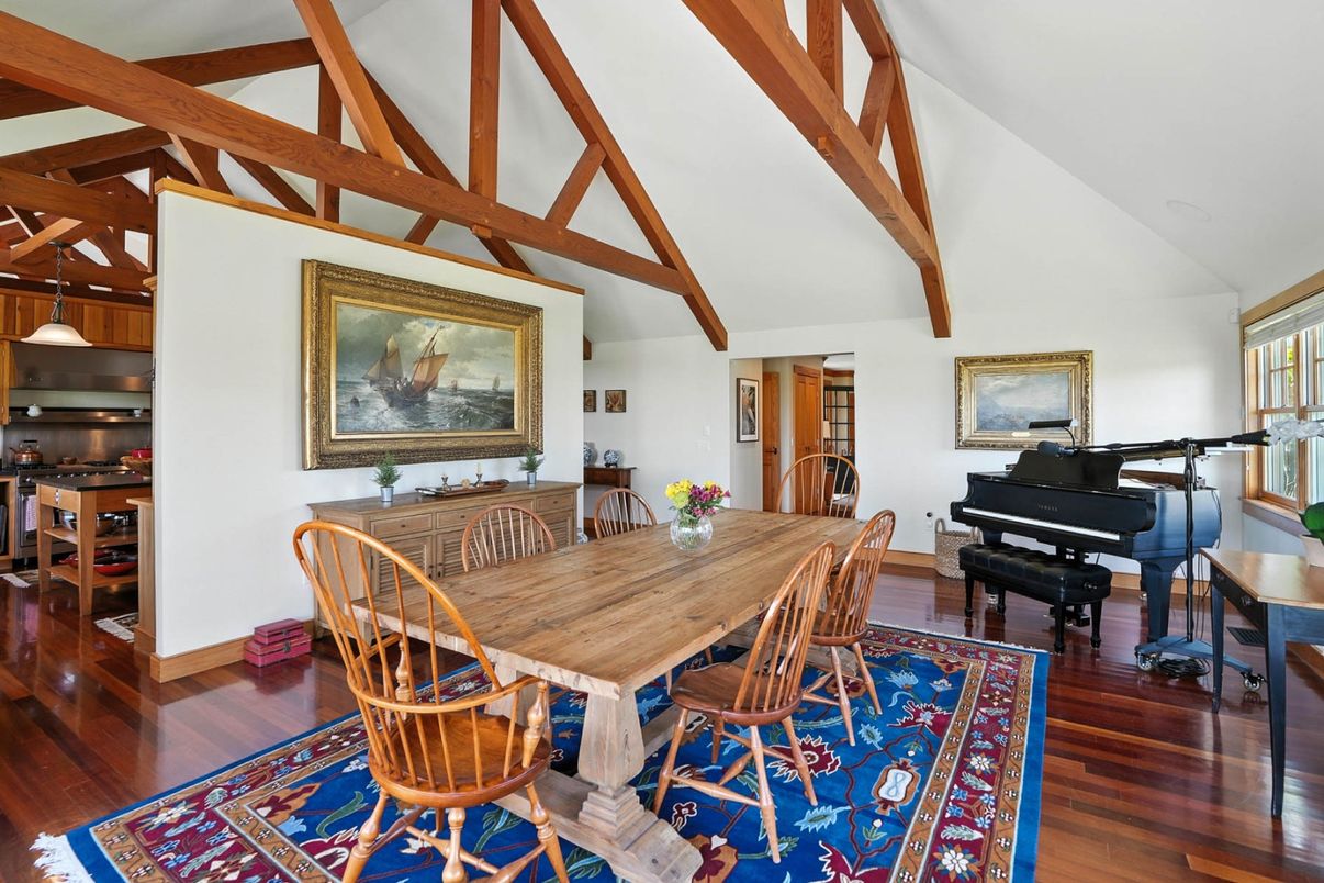 Dining room, Interior, Pendant Lights, Piano, Wooden Beams, Wood Texture Flooring