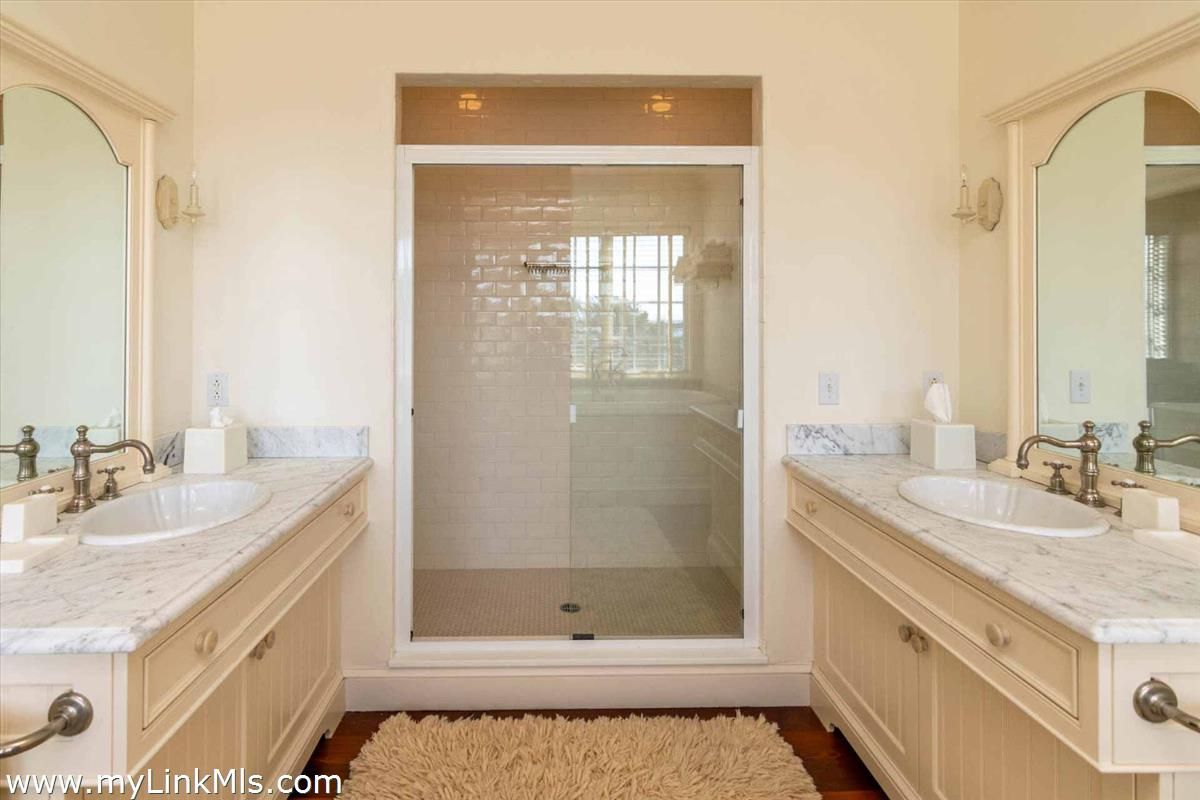 Bathroom, Dual Sink Vanities, Glass Shower, Interior, Tile Countertops, Wood Texture Flooring