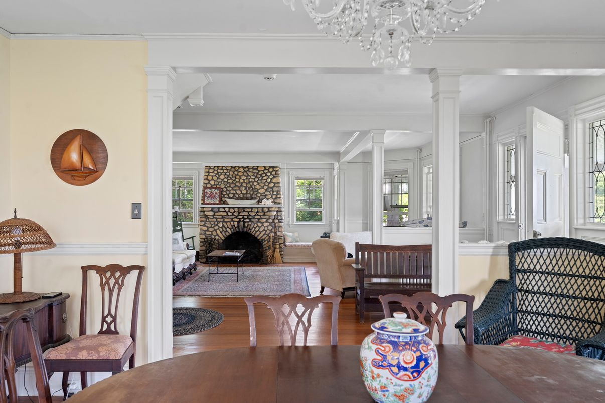 Dining room, Fireplace, Interior, Living room, Wood Texture Flooring