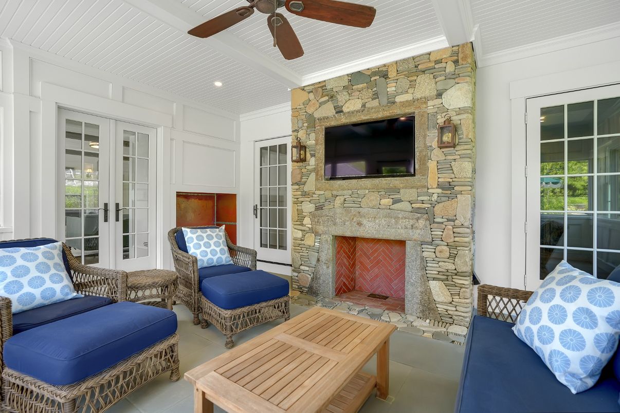 Fireplace, Interior, Recessed Lighting, Stone Walls