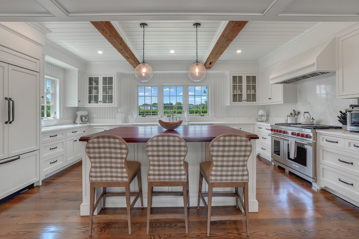 Interior, Kitchen, Pendant Lights, Recessed Lighting, Stainless Steel Appliances, Wooden Beams, Wood Texture Flooring